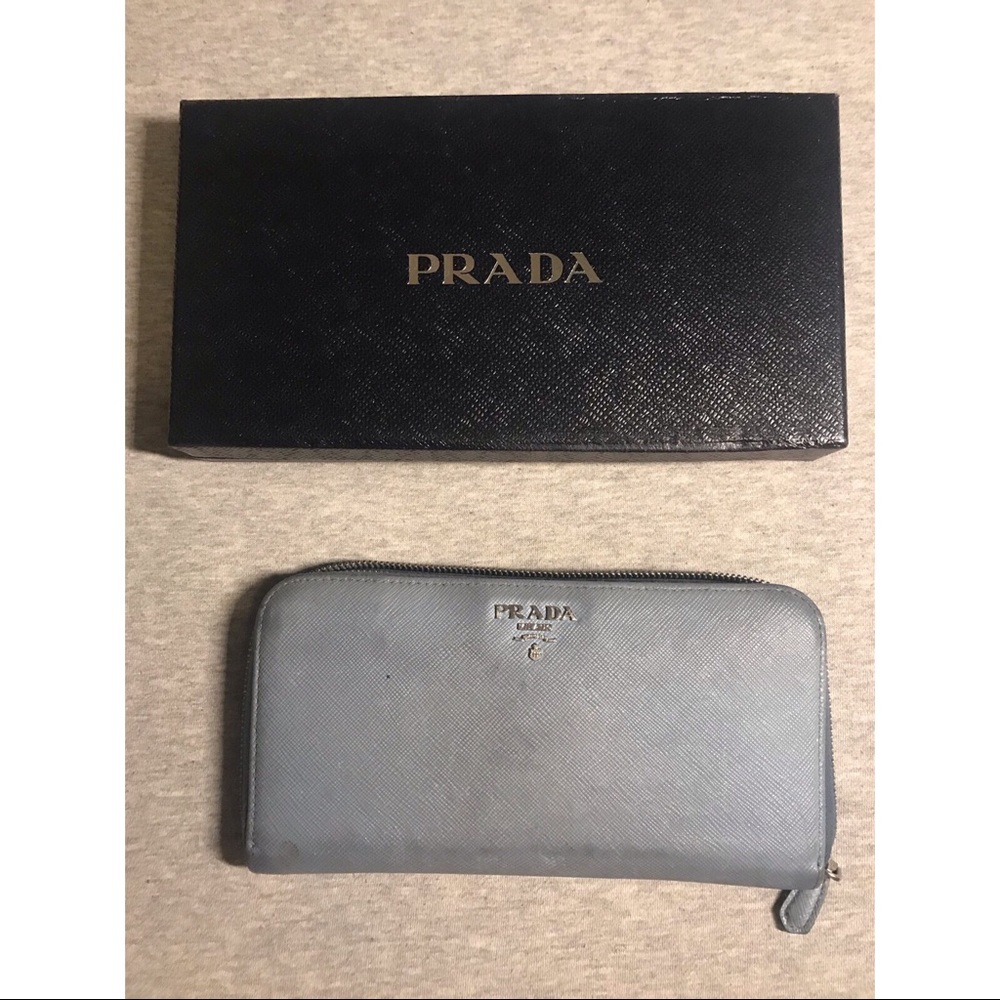 Prada saffiano wallet with tag and box, worn